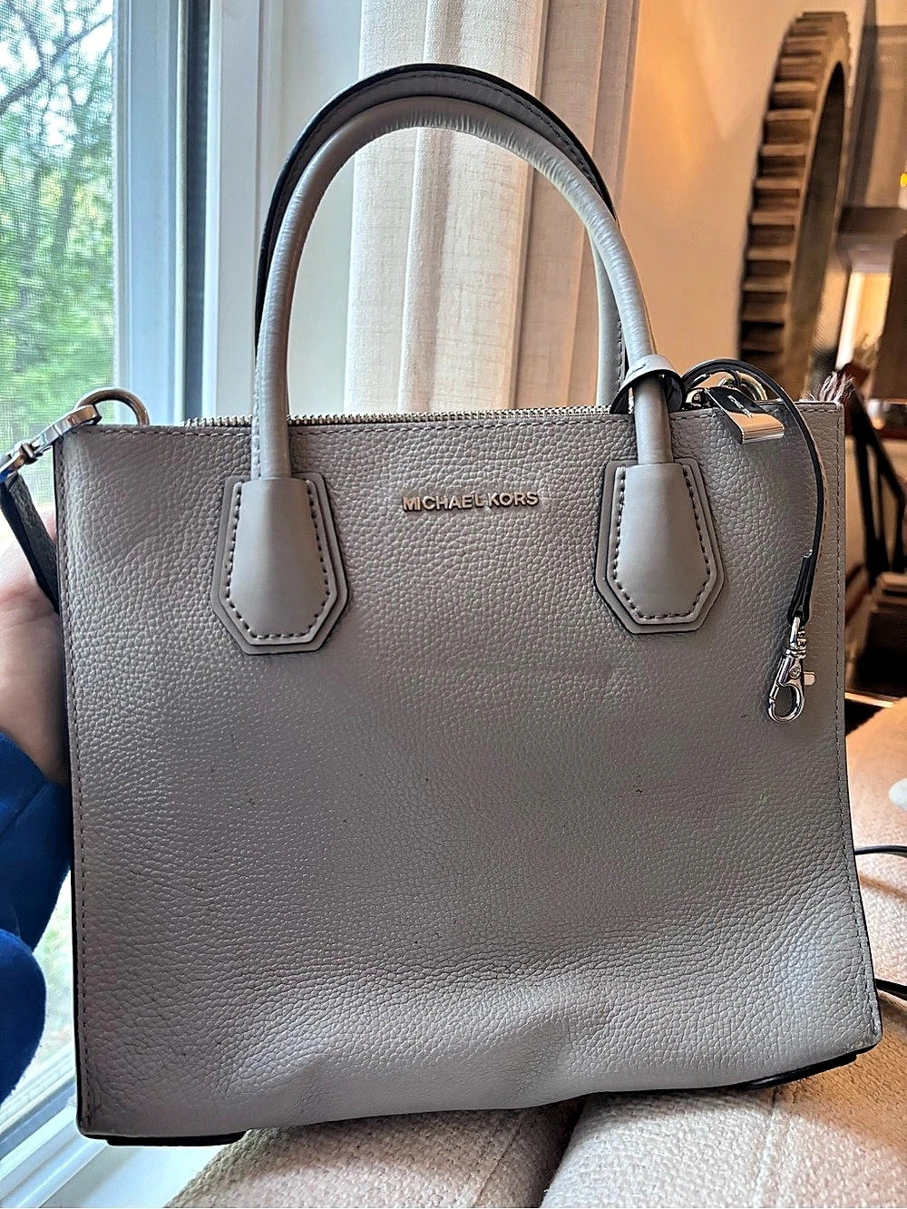 Michael Kors Mercer Medium Pebbled Leather Accordion Tote Satchel Gray
